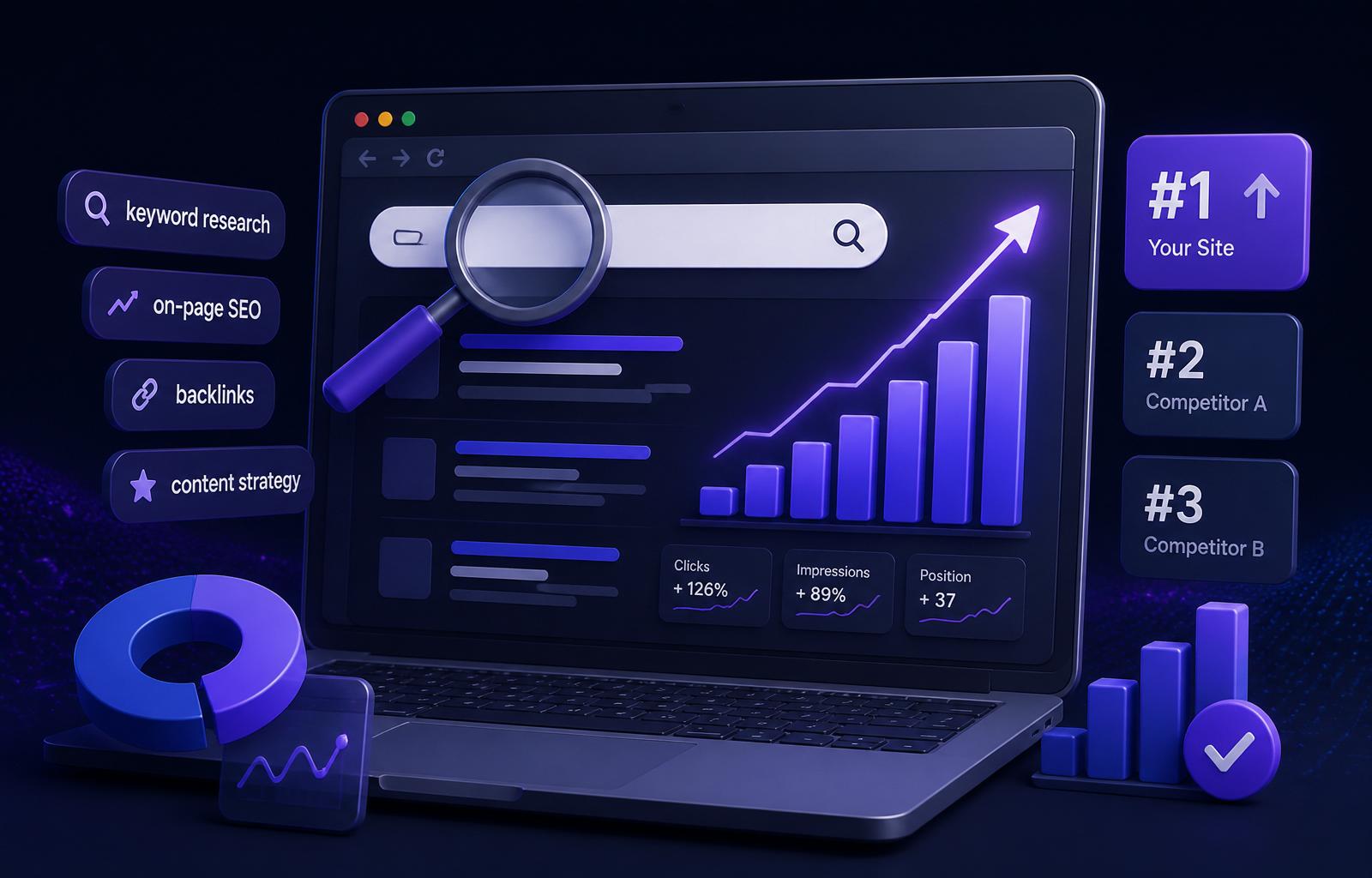 Hire SEO Team dashboard showing organic traffic and keyword ranking growth for a dedicated remote SEO hire